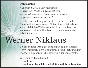 Traueranzeige von Werner Niklaus von WVG - Wochenspiegel Merseburg