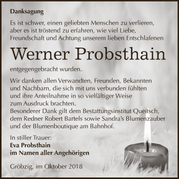 Traueranzeige von Werner Probsthain von WVG - Wochenspiegel Dessau / Köthen