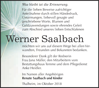 Traueranzeige von Werner Saalbach von WVG - Wochenspiegel Bitterfeld