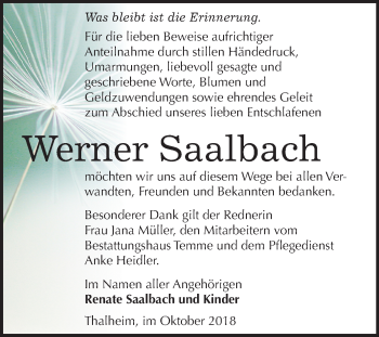 Traueranzeige von Werner Saalbach von Mitteldeutsche Zeitung Bitterfeld