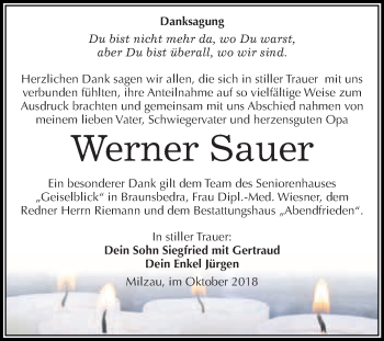 Traueranzeige von Werner Sauer von WVG - Wochenspiegel Merseburg