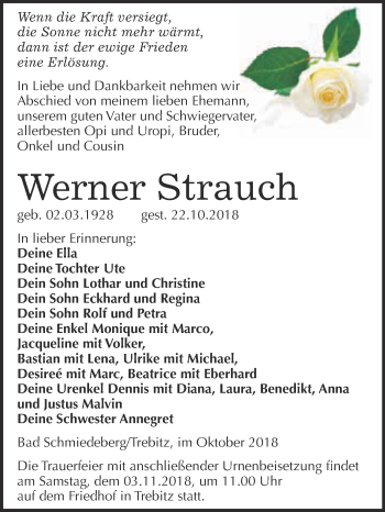 Traueranzeige von Werner Strauch von WVG - Wochenspiegel Wittenberg
