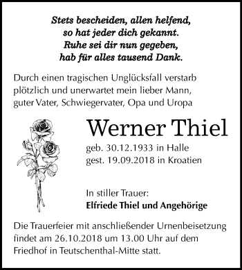 Traueranzeige von Werner Thiel von Mitteldeutsche Zeitung Halle/Saalkreis