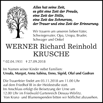 Traueranzeige von Werner Richard Reinhold Krusche von Mitteldeutsche Zeitung Dessau-Roßlau