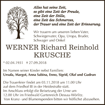 Traueranzeige von Werner Richard Reinhold Krusche von WVG - Wochenspiegel Dessau / Köthen