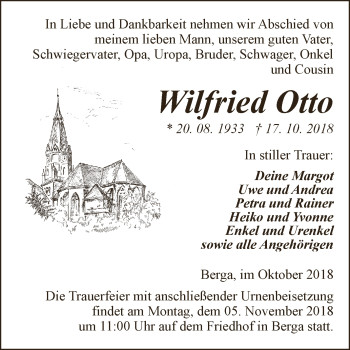 Traueranzeige von Wilfried Otto von Super Sonntag SGH Mansf. Land
