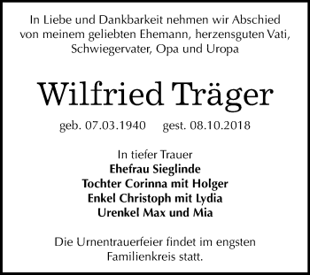 Traueranzeige von Wilfried Träger von Mitteldeutsche Zeitung Bernburg