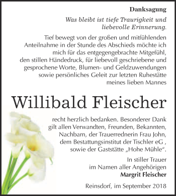 Traueranzeige von Willibald Fleischer von WVG - Wochenspiegel Wittenberg