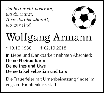 Traueranzeige von Wolfgang Armann von Mitteldeutsche Zeitung Bitterfeld