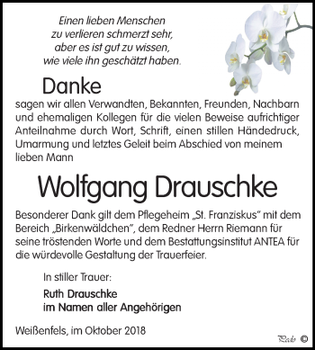 Traueranzeige von Wolfgang Drauschke von Mitteldeutsche Zeitung Weißenfels