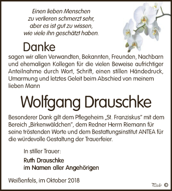Traueranzeige von Wolfgang Drauschke von WVG - Wochenspiegel NMB / WSF / ZTZ