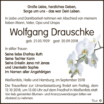 Traueranzeige von Wolfgang Drauschke von WVG - Wochenspiegel NMB / WSF / ZTZ