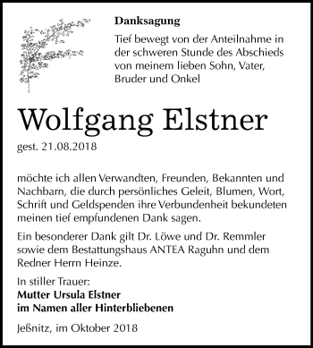 Traueranzeige von Wolfgang Elstner von Mitteldeutsche Zeitung Bitterfeld