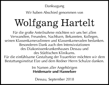 Traueranzeige von Wolfgang Hartelt von Mitteldeutsche Zeitung Dessau-Roßlau