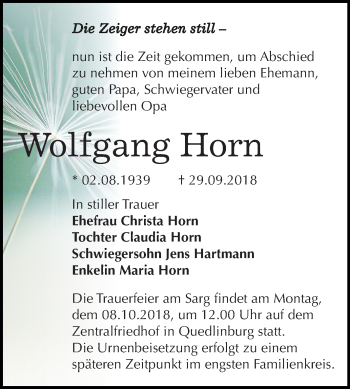 Traueranzeige von Wolfgang Horn von Mitteldeutsche Zeitung