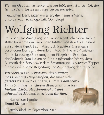 Traueranzeige von Wolfgang Richter von WVG - Wochenspiegel Bitterfeld