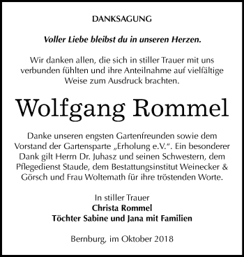 Traueranzeige von Wolfgang Rommel von Mitteldeutsche Zeitung Bernburg