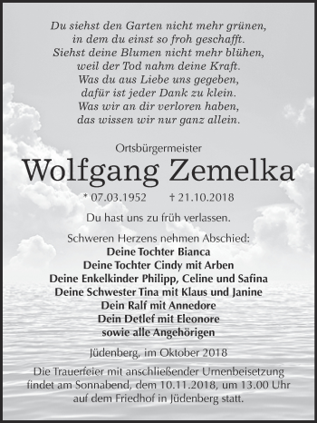 Traueranzeige von Wolfgang Zemelka von WVG - Wochenspiegel Wittenberg
