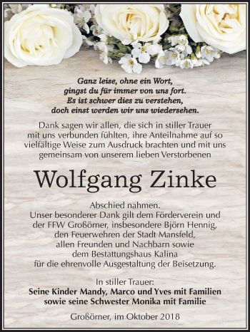 Traueranzeige von Wolfgang Zinke von Mitteldeutsche Zeitung