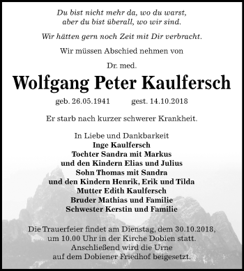 Traueranzeige von Wolfgang Peter Kaulfersch von Mitteldeutsche Zeitung