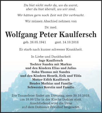 Traueranzeige von Wolfgang Peter Kaulfersch von WVG - Wochenspiegel Wittenberg