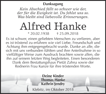 Traueranzeige von Alfred Hanke von Super Sonntag Wittenberg