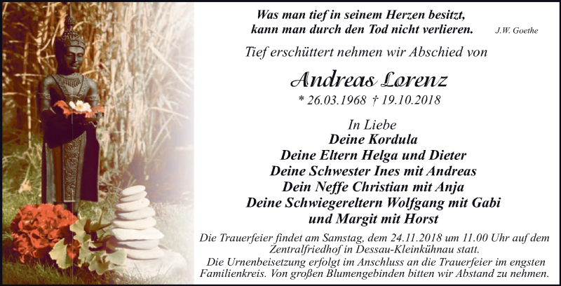  Traueranzeige für Andreas Lorenz vom 03.11.2018 aus WVG - Wochenspiegel Dessau / Köthen