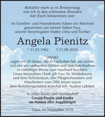 Traueranzeige von Angela Pienitz von WVG - Wochenspiegel Wittenberg