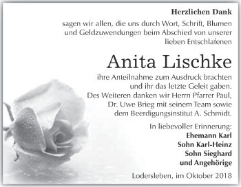 Traueranzeige von Anita Lischke von WVG - Wochenspiegel Merseburg