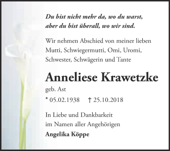 Traueranzeige von Anneliese Krawetzke von WVG - Wochenspiegel Wittenberg
