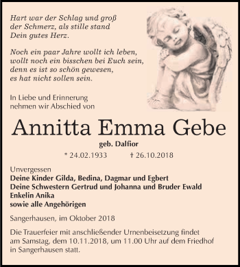 Traueranzeige von Annitta Emma Gebe von Super Sonntag SGH Mansf. Land