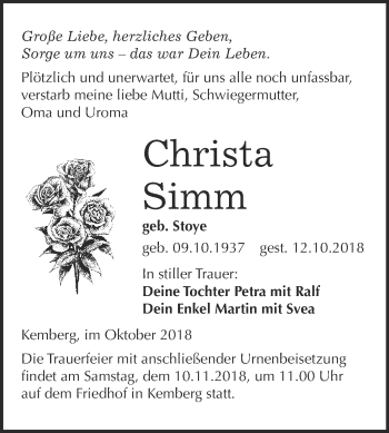 Traueranzeige von Christa Simm von WVG - Wochenspiegel Wittenberg