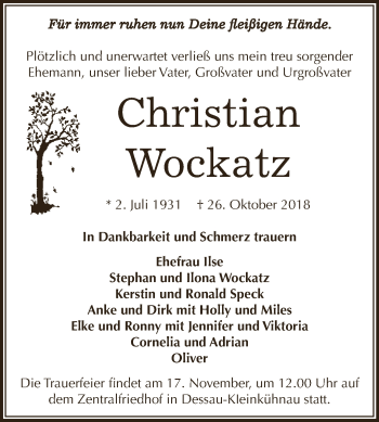 Traueranzeige von Christian Wockatz von WVG - Wochenspiegel Dessau / Köthen