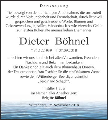 Traueranzeige von Dieter Böhnel von WVG - Wochenspiegel Wittenberg