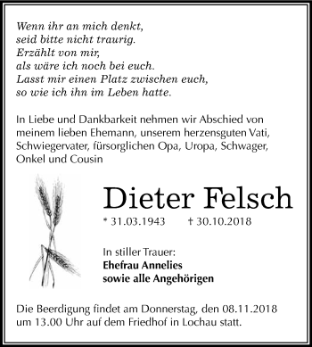Traueranzeige von Dieter Felsch von WVG - Wochenspiegel Merseburg