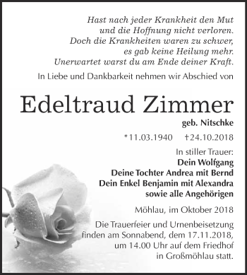 Traueranzeige von Edeltraud Zimmer von WVG - Wochenspiegel Wittenberg