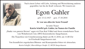 Traueranzeige von Egon Gahler von Mitteldeutsche Zeitung Sangerhausen