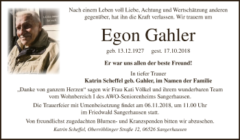 Traueranzeige von Egon Gahler von Super Sonntag SGH Mansf. Land
