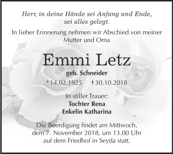 Traueranzeige von Emmi Letz von WVG - Wochenspiegel Wittenberg
