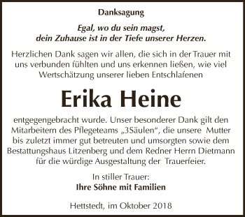 Traueranzeige von Erika Heine von Wochenspiegel Mansfelder Land