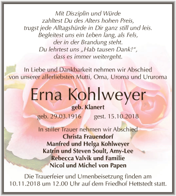 Traueranzeige von Erna Kohlweyer von Wochenspiegel Mansfelder Land
