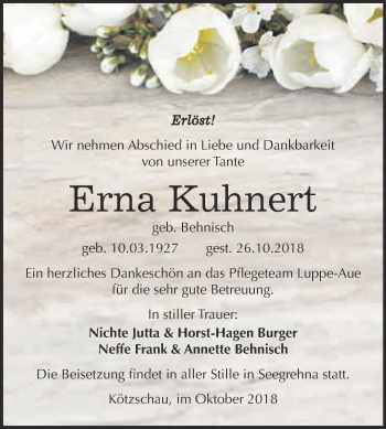 Traueranzeige von Erna Kuhnert von Super Sonntag Merseburg