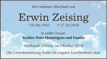 Traueranzeige von Erwin Zeising von WVG - Wochenspiegel Dessau / Köthen