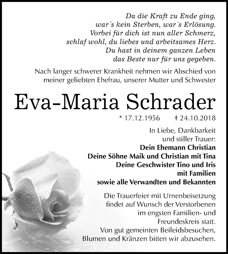 Traueranzeige für Eva-Maria Schrader vom 02.11.2018 aus Mitteldeutsche Zeitung Bitterfeld