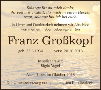 Traueranzeige von Franz Großkopf von WVG - Wochenspiegel Dessau / Köthen