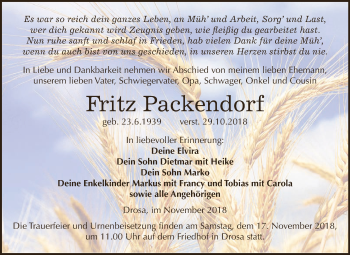 Traueranzeige von Fritz Packendorf von WVG - Wochenspiegel Dessau / Köthen