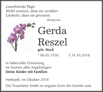 Traueranzeige von Gerda Reszel von Super Sonntag SGH Mansf. Land