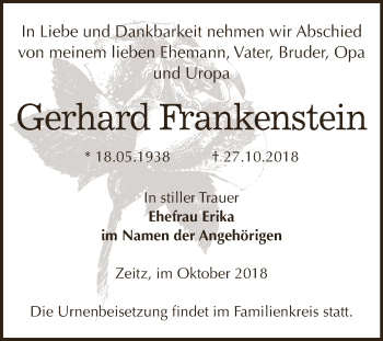 Traueranzeige von Gerhard Frankenstein von Super Sonntag Zeitz