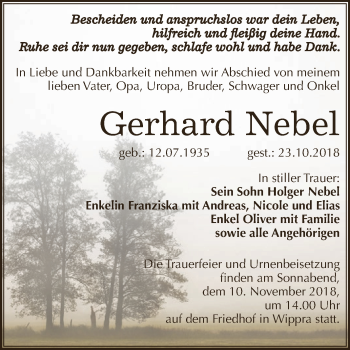 Traueranzeige von Gerhard Nebel von Super Sonntag SGH Mansf. Land