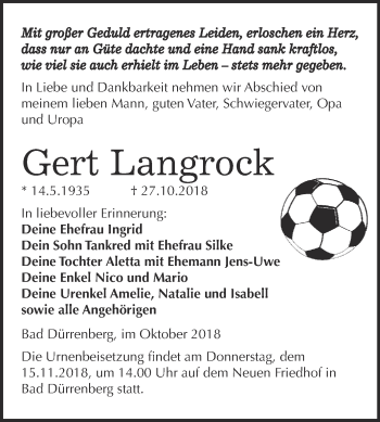 Traueranzeige von Gert Langrock von Super Sonntag Merseburg